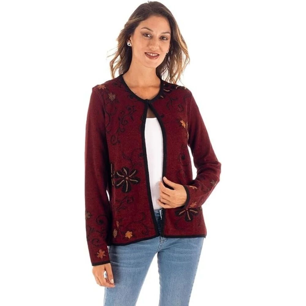 NOVICA Kiko Reversible Alpaca Blend Embroidered Floral Cardigan Sweater Size XL